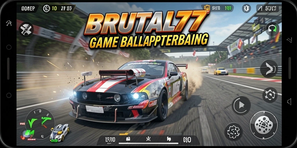 Screenshot utama BRUTAL77 yang menunjukkan momen balapan yang intens.