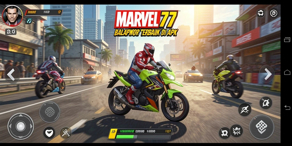 Tampilan gameplay MARVEL77 yang mendebarkan saat balapan motor.