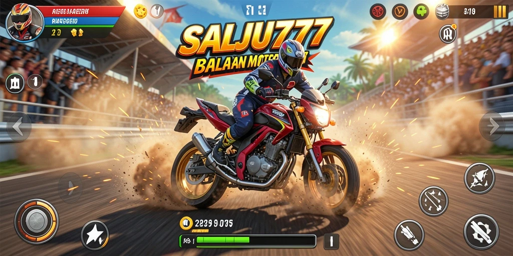 Tampilan gameplay SALJU777 menunjukkan aksi balapan motor yang seru.